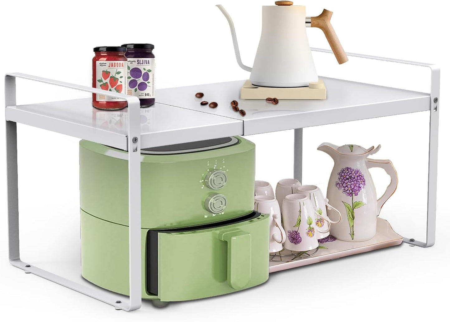 11'' Wide Expandable Cabinet Shelf Organizer Rack Adjustable Length 14''-26'' Pantry Shelf Spice