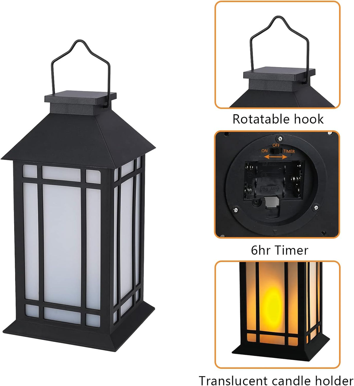 13-Inch IP65 Waterproof Battery-Powered Outdoor Lantern with Led Flameless Candle and 6-Hour Timer