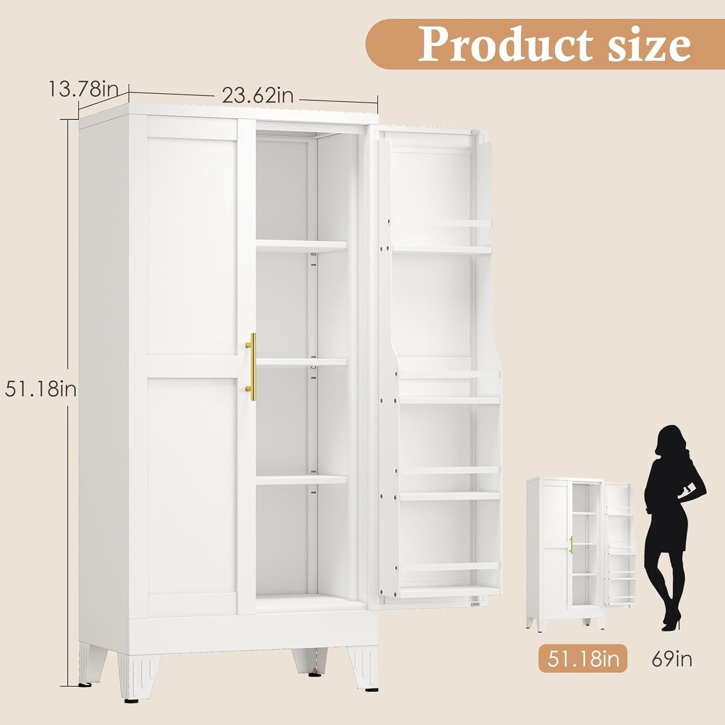 51" H Metal Kitchen Pantry Storage Cabinet, Freestanding Cupboard Storage Cabinet with Doors and
