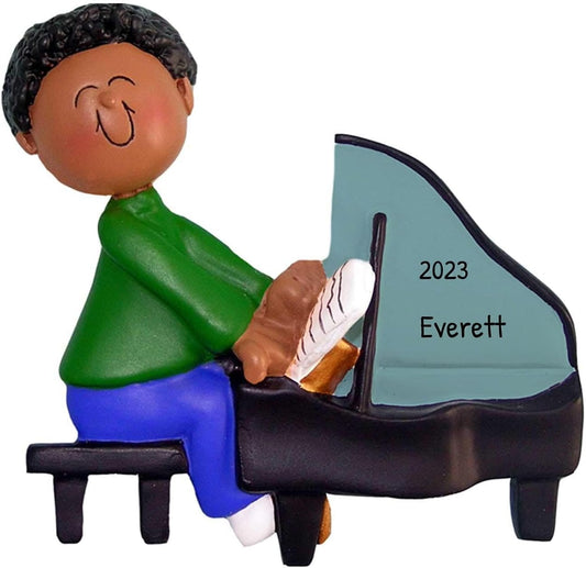 Elves Personalized Music Ornaments 2024 - African American Boy Piano Ornaments for Christmas Tree
