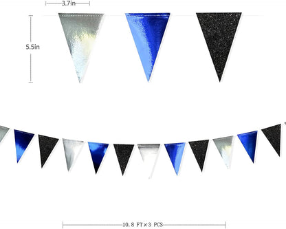 30Ft Navy Blue Black and Silver Party Decorations Royal Blue Triangle Flag Pennant Banner Bunting