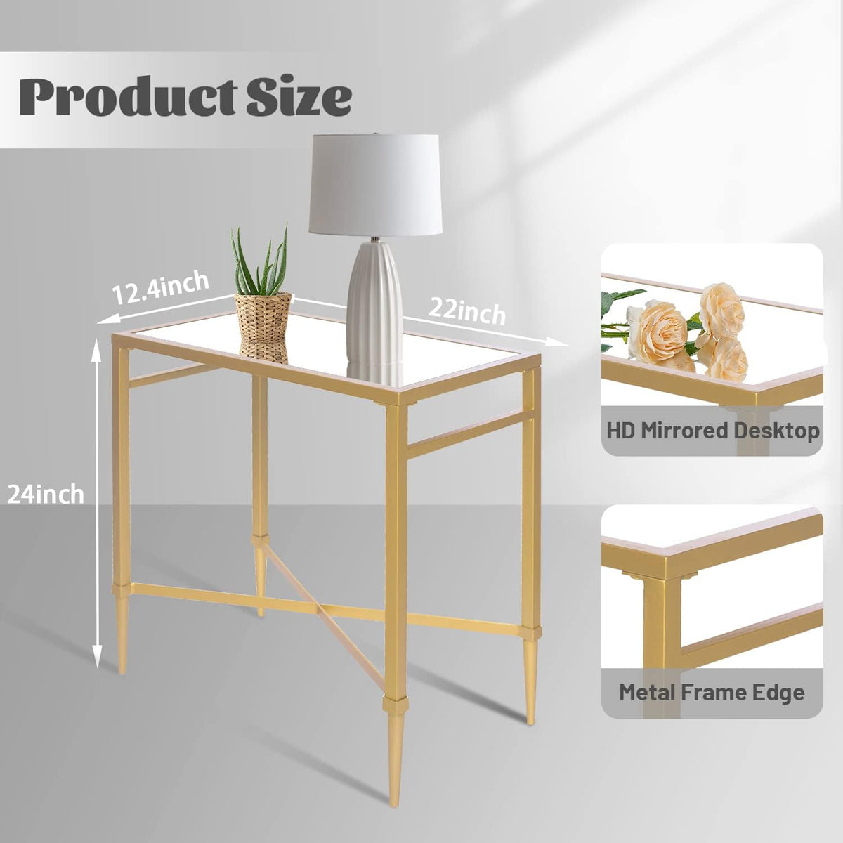 Gold End Table, Rectangle Side Table with Mirrored Top, Modern Metal End Table, Small Narrow Side