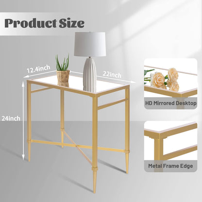 Gold End Table, Rectangle Side Table with Mirrored Top, Modern Metal End Table, Small Narrow Side