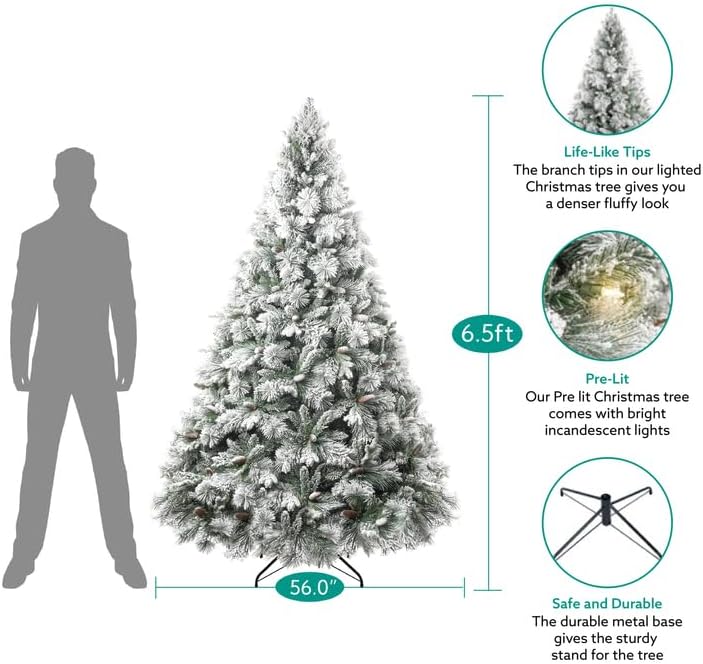Naomi Home 6.5ft Snow Flocked Christmas Tree with Lights,Realistic Frosted Pine Prelit with Pine
