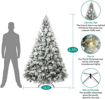 Naomi Home 6.5ft Snow Flocked Christmas Tree with Lights,Realistic Frosted Pine Prelit with Pine