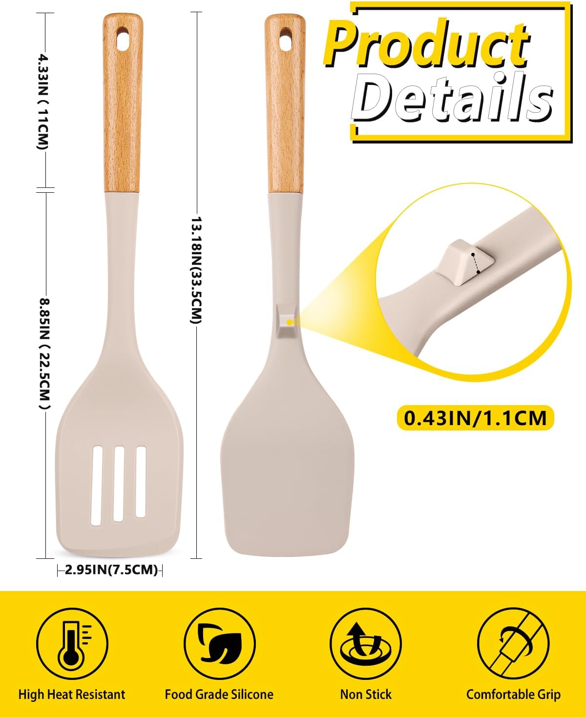 Pack of 2 Large Silicone Spatula, Heat Resistant Solid Turner, Non Stick Slotted Spatulas with