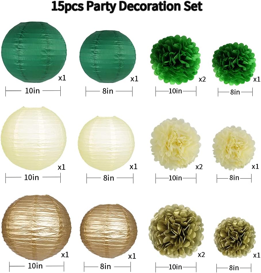 Green Gold Party Decorations, Hanging Paper Lanterns and Pom Poms Flowers for Woodland Baby Shower