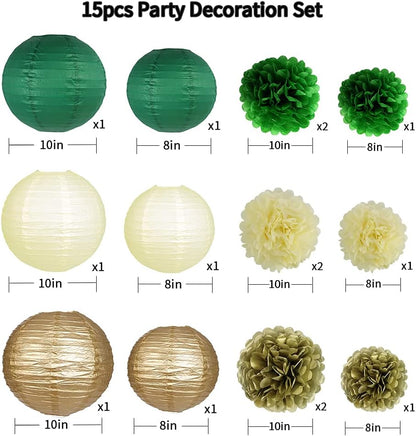 Green Gold Party Decorations, Hanging Paper Lanterns and Pom Poms Flowers for Woodland Baby Shower