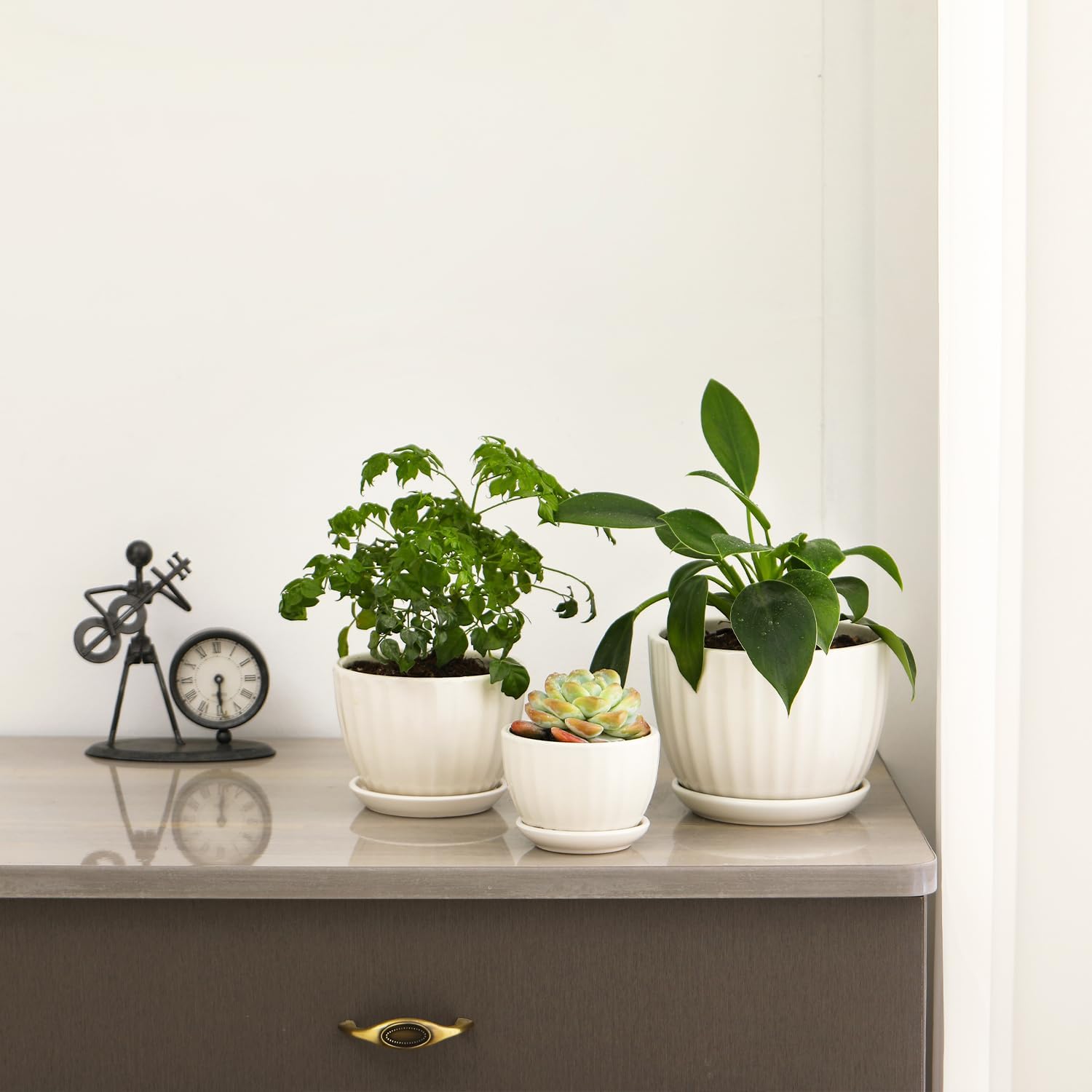 Ceramic Plant Pots with Drainage Holes and Saucers, Round White Flower Pots for Indoor Plant