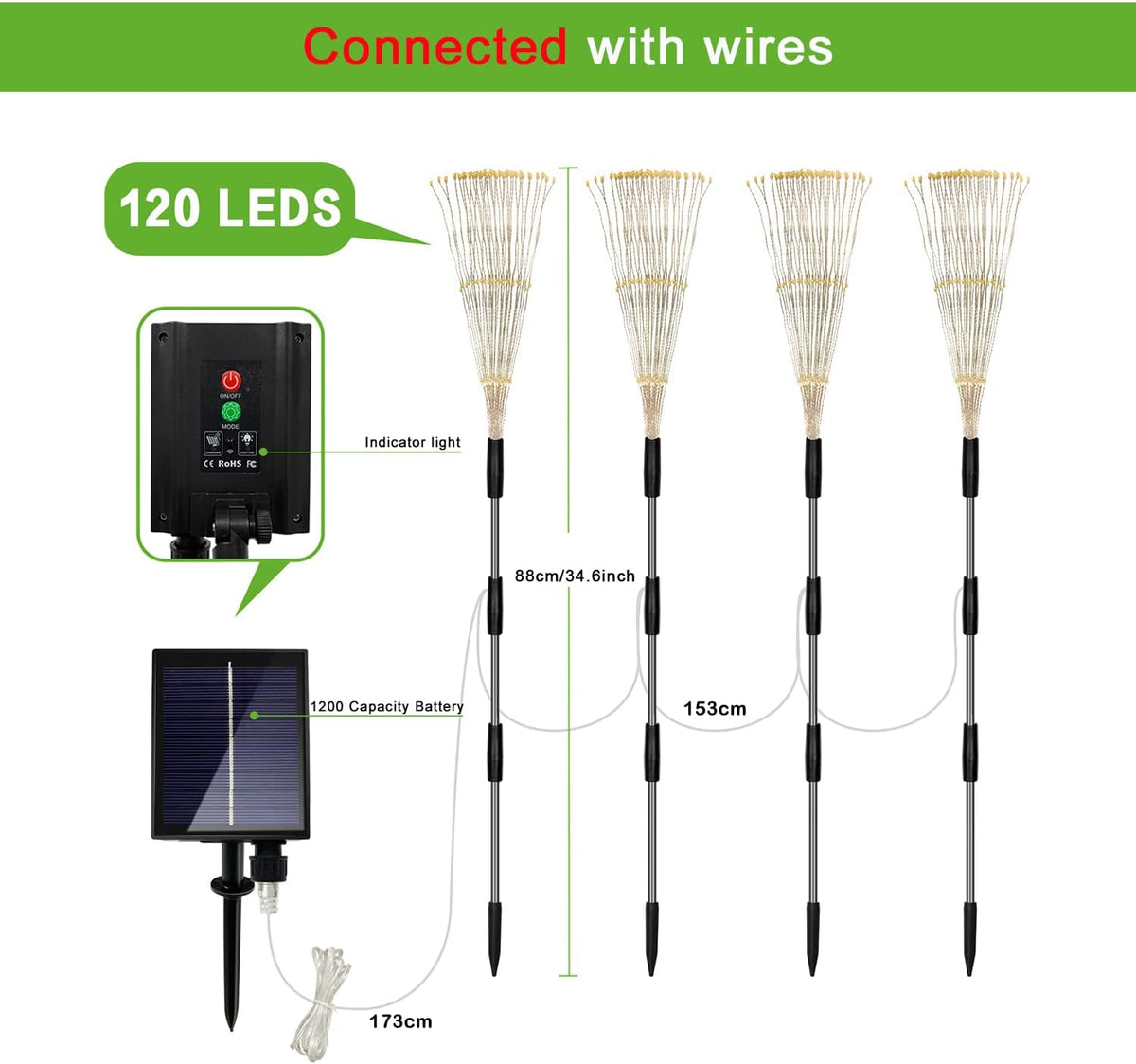Solar Outdoor Warm White Garden Lights, 4 Pack Firework With 120 LED Starburst String 8 Modes Fairy