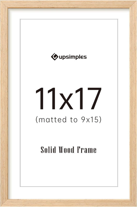upsimples 11x17 Picture Frame, Natural Solid Wood Picture Frames, Display 9x15 with Mat or 11 x 17