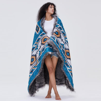 Luxury Plush Faux Fur Throw Blanket with Aztec Pattern, Super Warm, Fuzzy, Elegant, Fluffy
