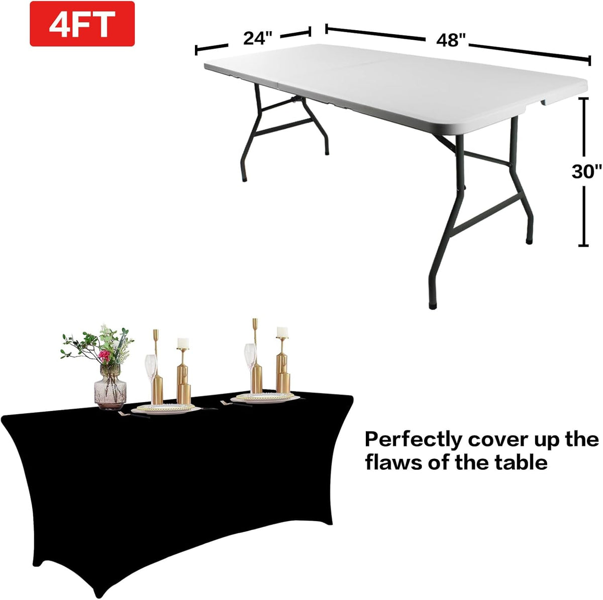 IVAPUPU 2 Pack 4FT Table Cloth for Rectangular Fitted Events Stretch Black Table Covers Washable
