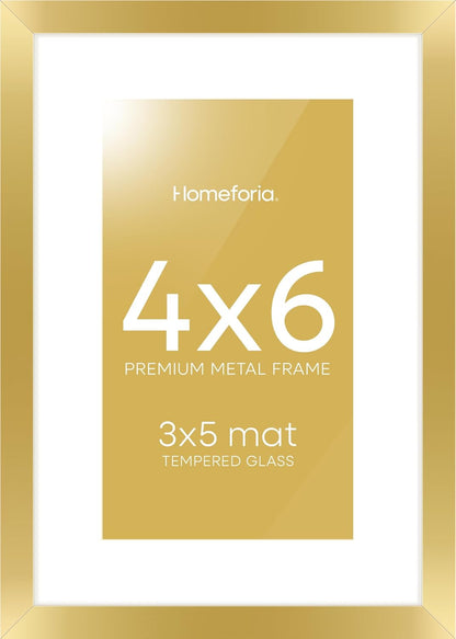 Homeforia 4x6 Picture Frame Gold, High End Metal 4 x 6 Gold Frames with Mat 3 x 5 for Print, 4by6