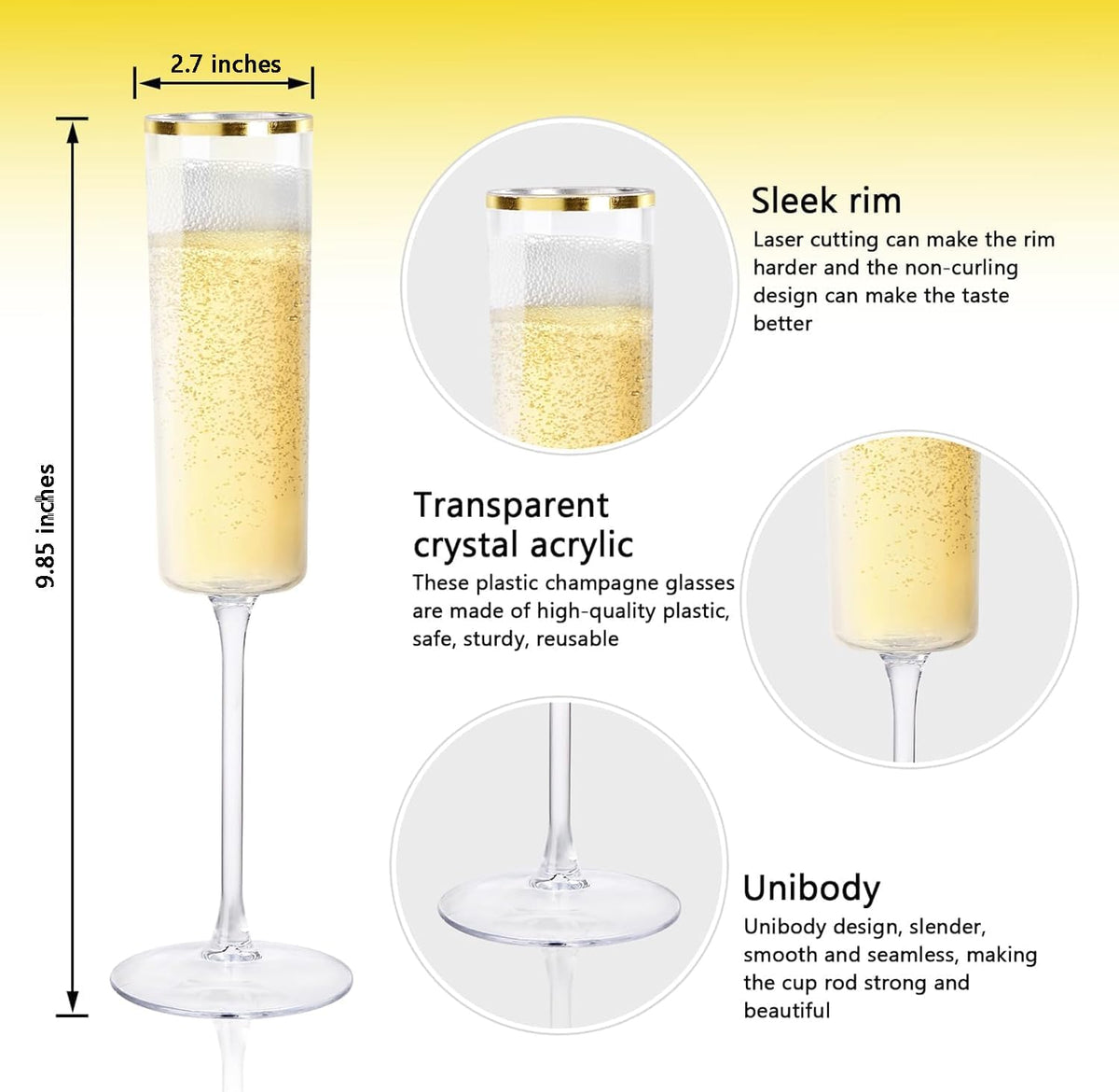 Ciaell 24 Pack Plastic Champagne Flutes - 6Oz Gold Rim Disposable Champagne Glasses - Square Clear