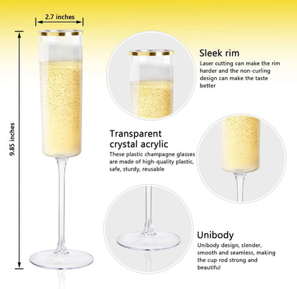 Ciaell 24 Pack Plastic Champagne Flutes - 6Oz Gold Rim Disposable Champagne Glasses - Square Clear