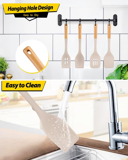 Pack of 4 Silicone Kitchen Utensils Set, Non Stick Solid Spatulas and Heat Resistant Slotted Spoons