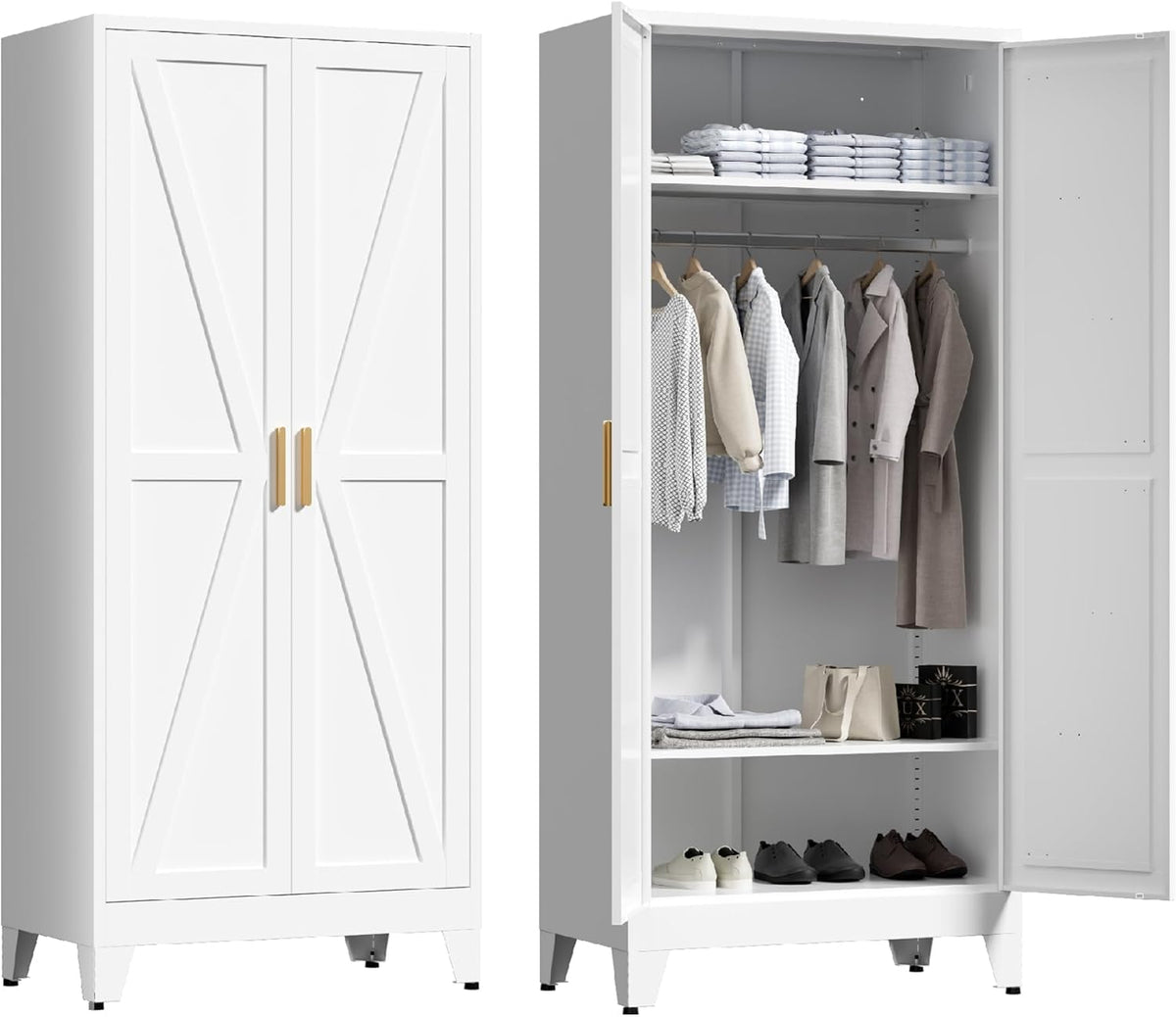 71'' Farmhouse Metal Wardrobe Cabinet with Hanging Rod, 2 Barn Door Wardrobe Closet with 2
