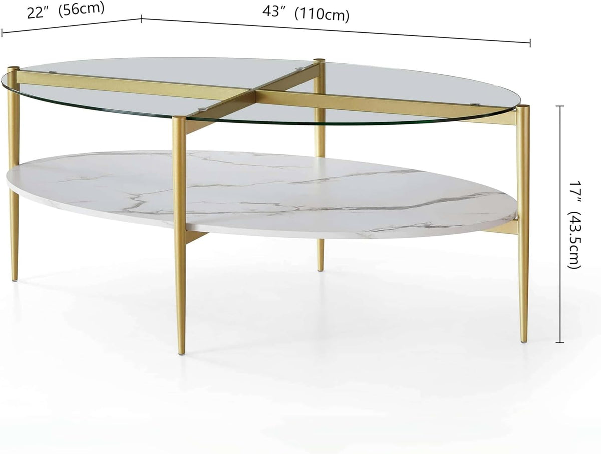 Oval Glass Coffee Table, Mid-Century Modern Design, L43 x W22 x H17 inch, Surfboard Shaped Clear