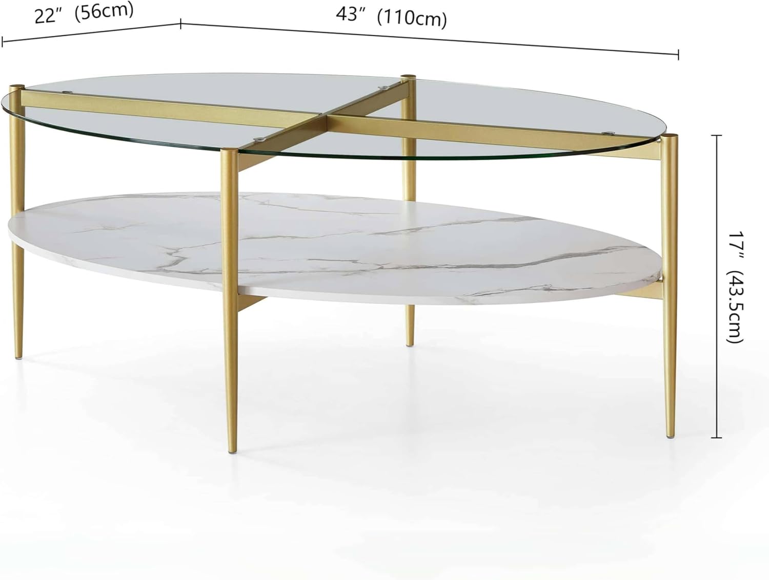 Oval Glass Coffee Table, Mid-Century Modern Design, L43 x W22 x H17 inch, Surfboard Shaped Clear
