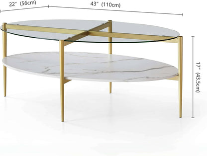 Oval Glass Coffee Table, Mid-Century Modern Design, L43 x W22 x H17 inch, Surfboard Shaped Clear