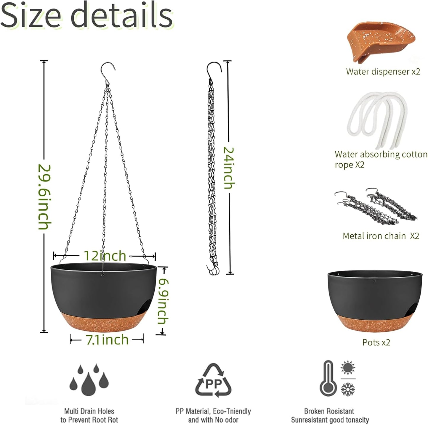 2 Pack Hanging Planters for Indoor Outdoor Plants, 12 Inch Self Watering Hanging Pot with Drainage