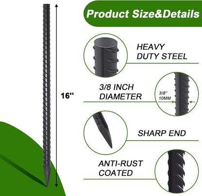 AAGUT 16 Inch Rebar Stakes Heavy Duty 16 Pack 3/8" Diameter Landscape Timber Spikes, Straight