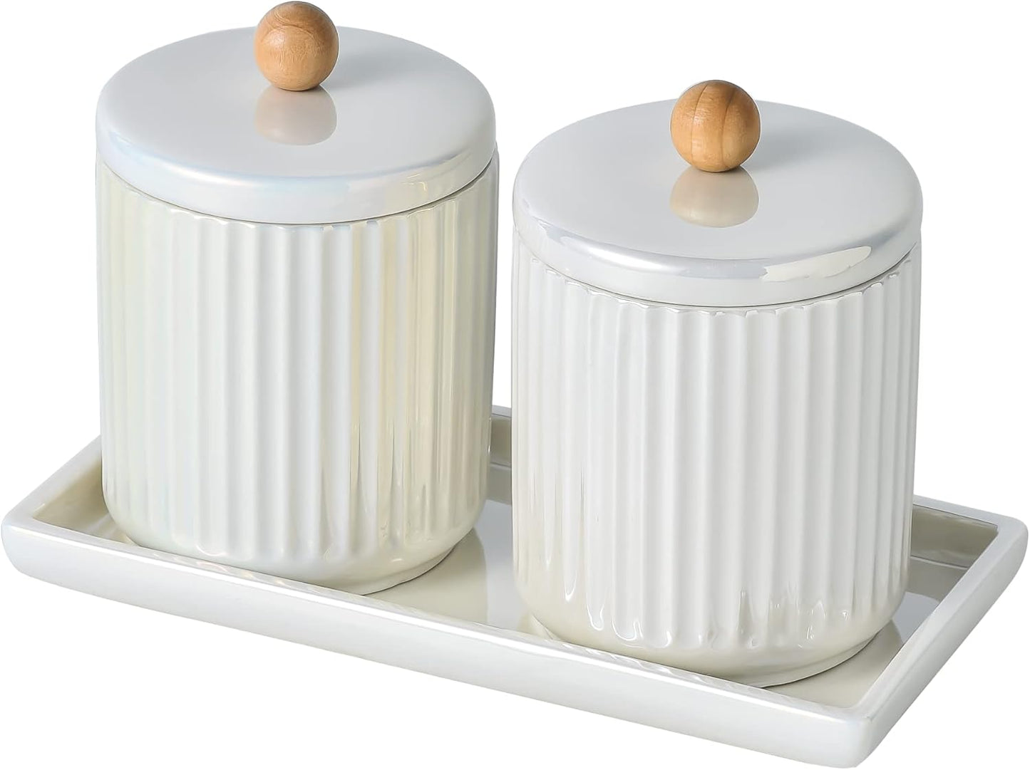 Ceramic Bathroom Canister Set with Coordinating Small Vanity Tray Qtip Holder Dispenser for Cotton
