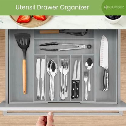 Purawood Bamboo Drawer Organizer - Expandable Silverware Organizer & Utensil Organizer, Cutlery