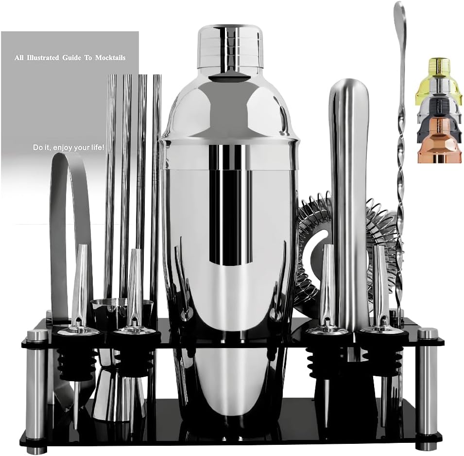 14-Piece Cocktail Shaker Set Bartender Kit with Black Stand, Bar Tool Set for Drink Mixing