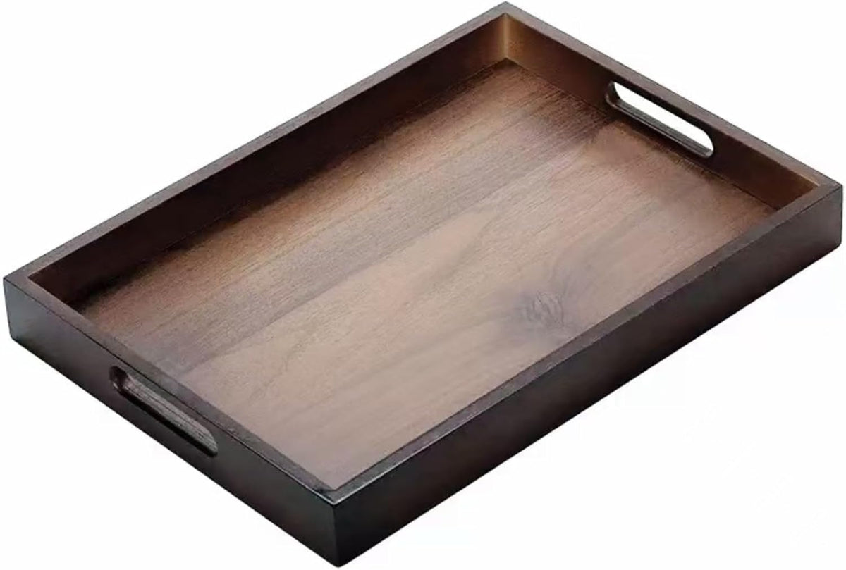 Large Bamboo Wooden Tray with Handles, Rectangular Natural Solid Wood, Black Walnut Color Serving