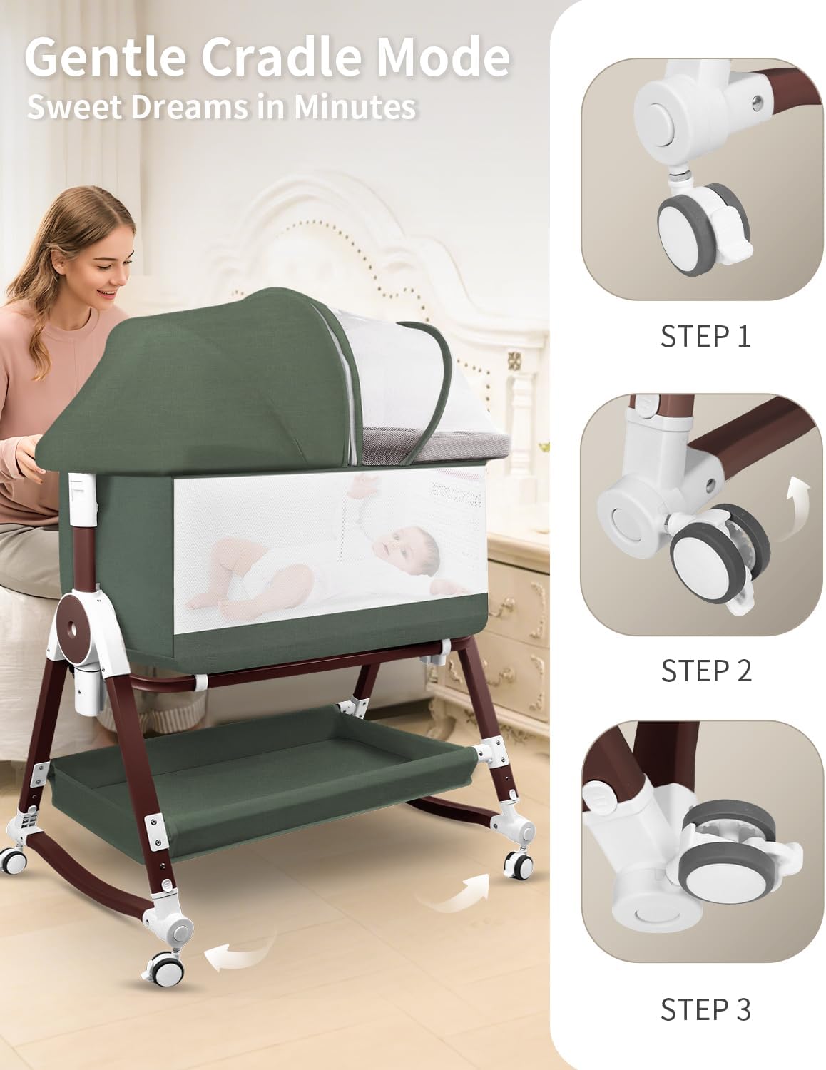 4 in 1 Baby Bassinet, Bassinets Bedside Sleeper with Wheels and Storage Basket, Adjustable 7