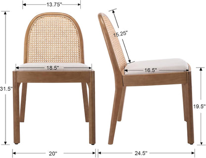 Mid Century Dining Chairs Set of 2, Accent Rattan Linen Fabric Side Chairs Kitchen Chair with Solid