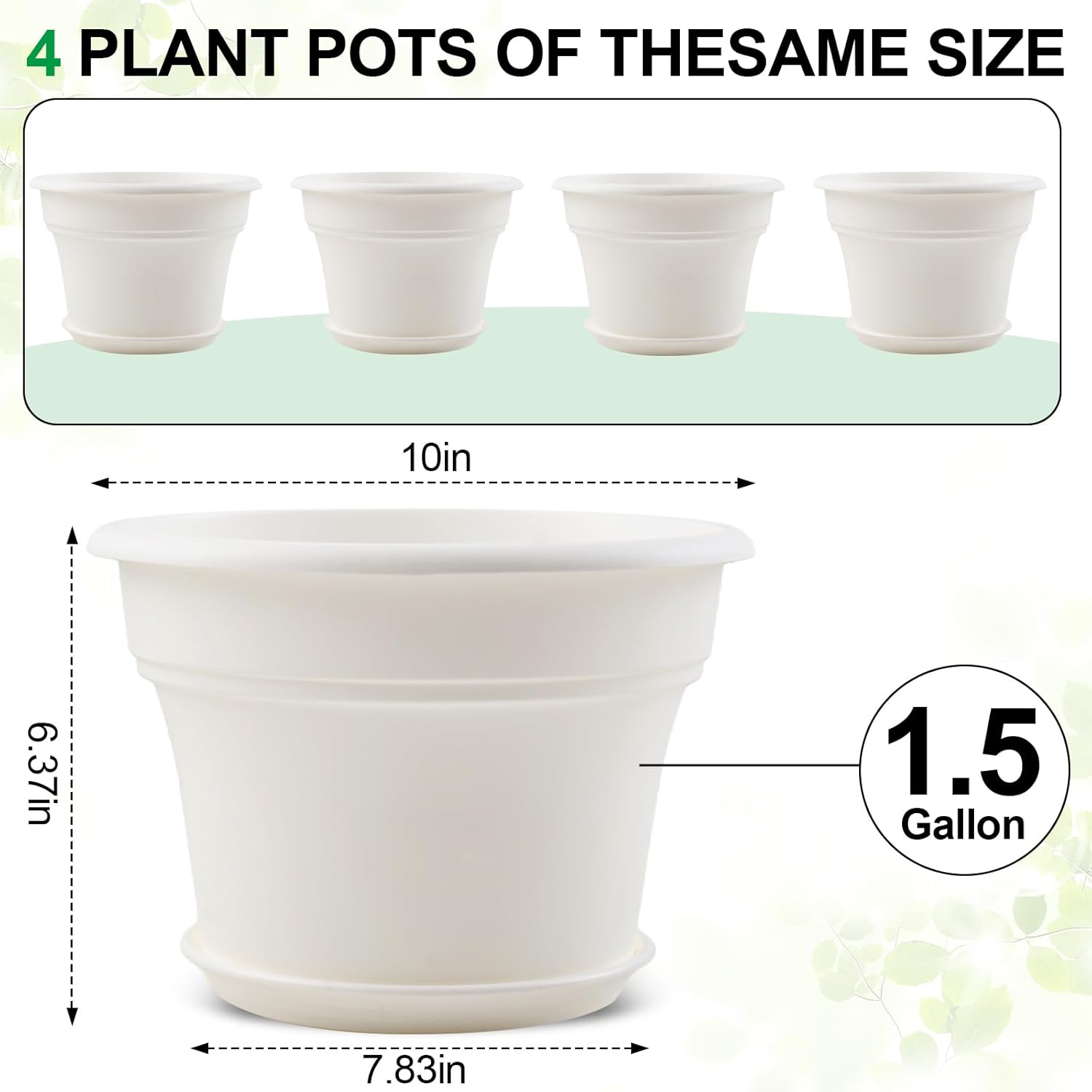 10 Inch Plastic-Flower-Pot-for-Indoor-Plants, 4 Pack Large Outdoor Planter Pot with Drainage Holes