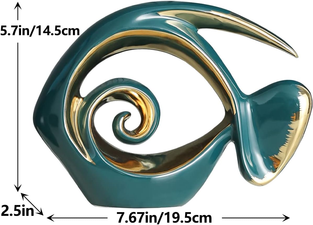 Green Gold Ceramic Fish Figurines - Coastal Home Decor, Modern Ocean Centerpieces for Living Room