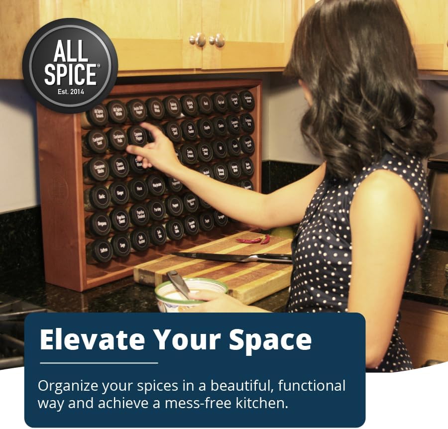 AllSpice Spice Rack Organizer, Wood, 525 Unique Labels, Countertop or Wall Mount, Includes 30 4oz
