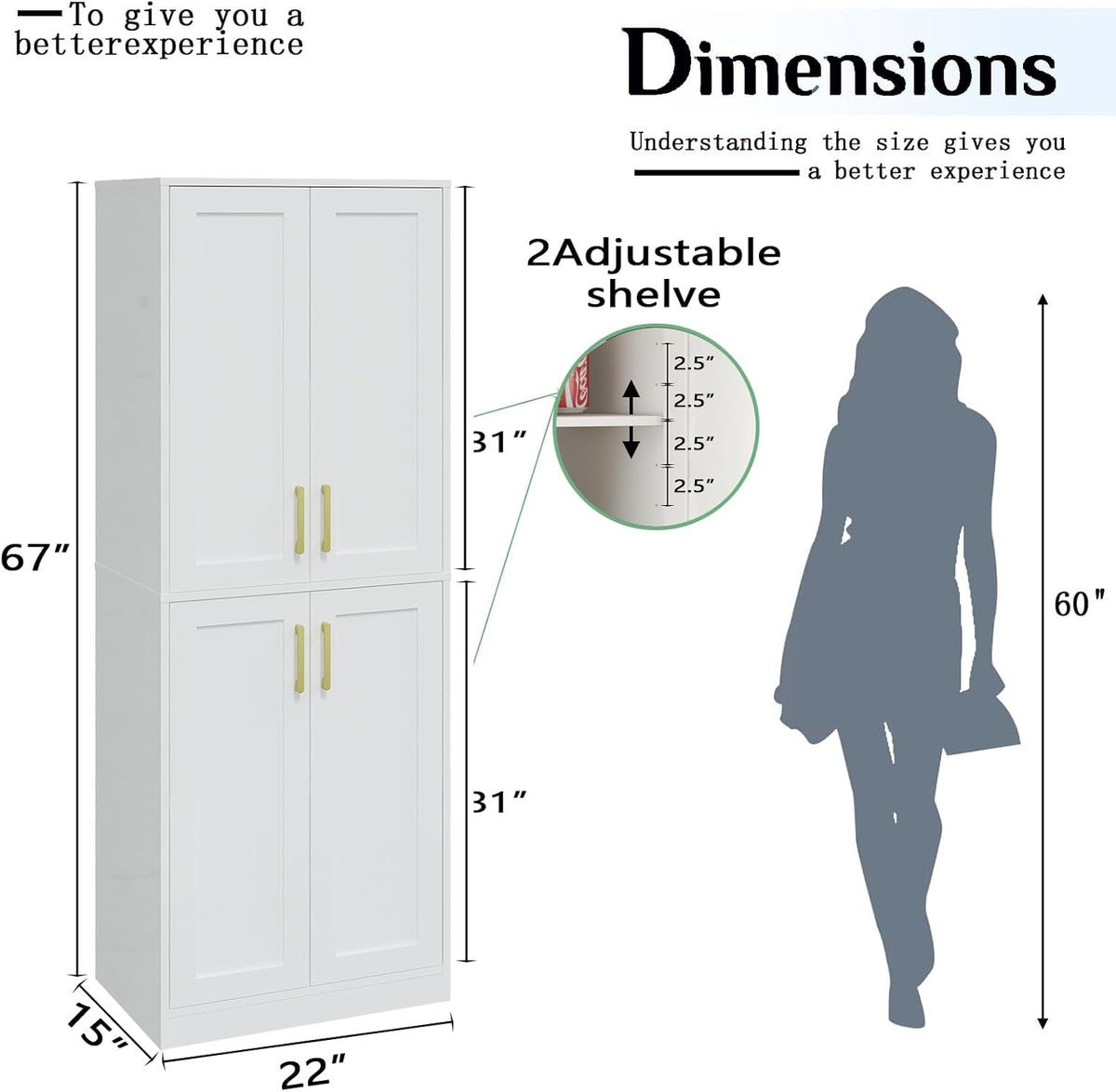 Storage Cabinet, Kitchen Pantry with Doors & Shelf, Tall Storage Cabinet for Bathroom, Living Room