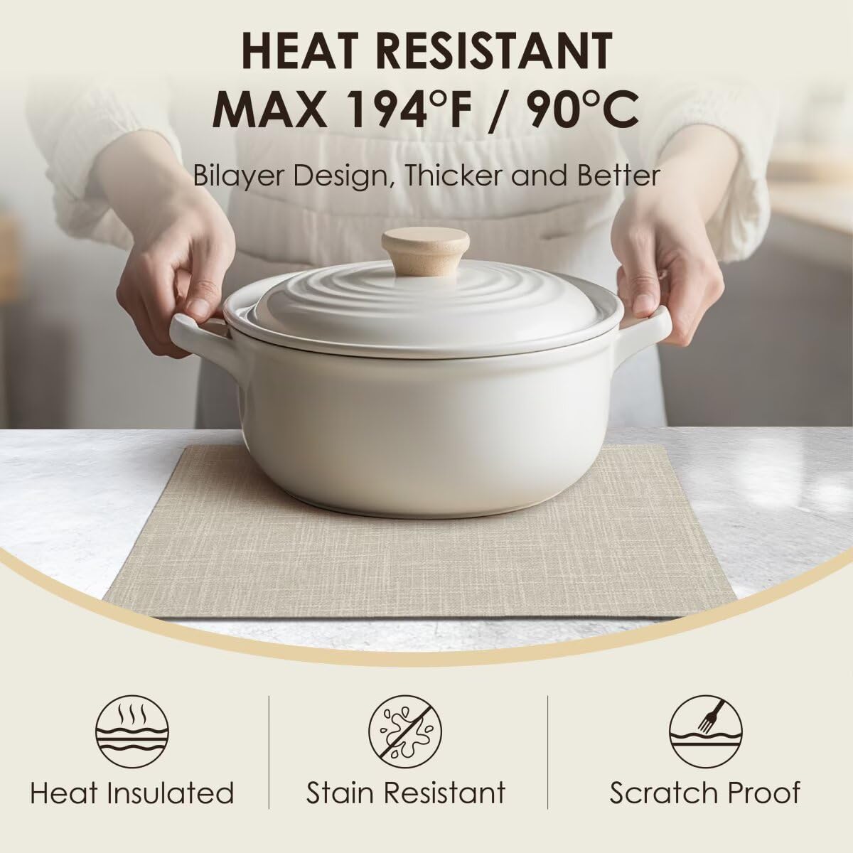 Placemats Set of 6, Bilayer Thickened Linen Place Mats Heat Resistant Machine Washable Wrinkle Free