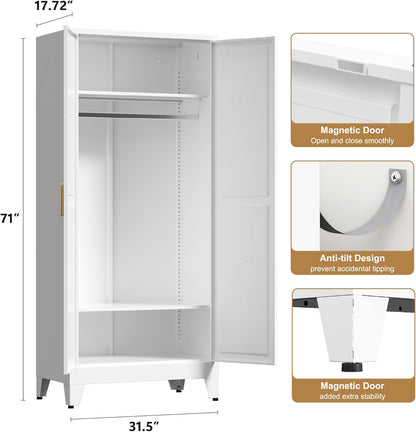 71'' Farmhouse Metal Wardrobe Cabinet with Hanging Rod, 2 Barn Door Wardrobe Closet with 2