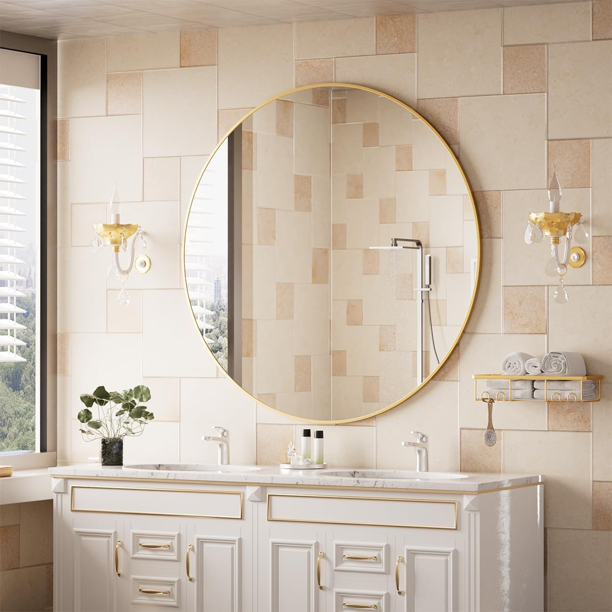 BEAUTYPEAK 42 Inch Round Mirror, Metal Frame Circle Mirror, Wall Mounted for Entryway, Bathroom