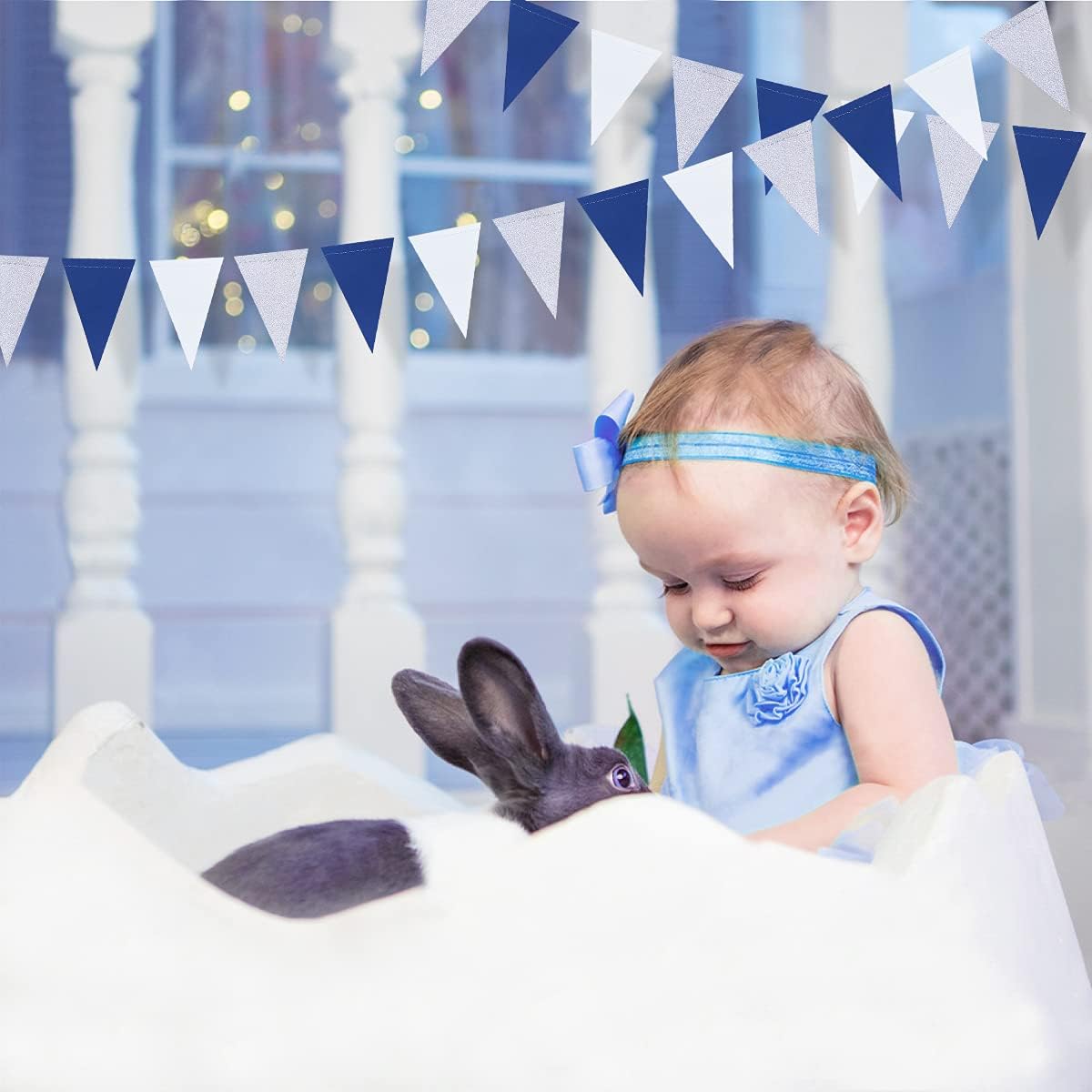 30 Ft Navy Blue White and Silver Party Decorations Royal Blue Triangle Flag Pennant Banner Bunting