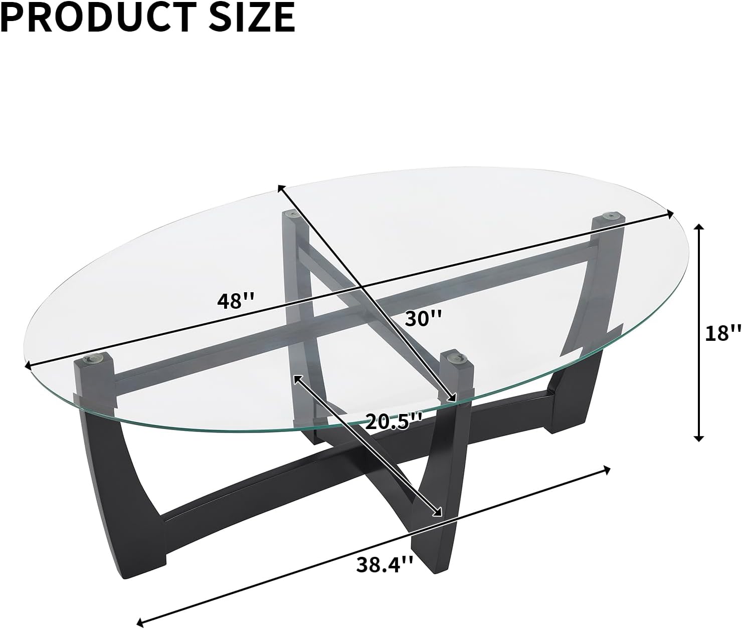 48" Oval Glass Coffee Table with Tempered Glass Top Cross and Solid Wood Base Simple & Modern