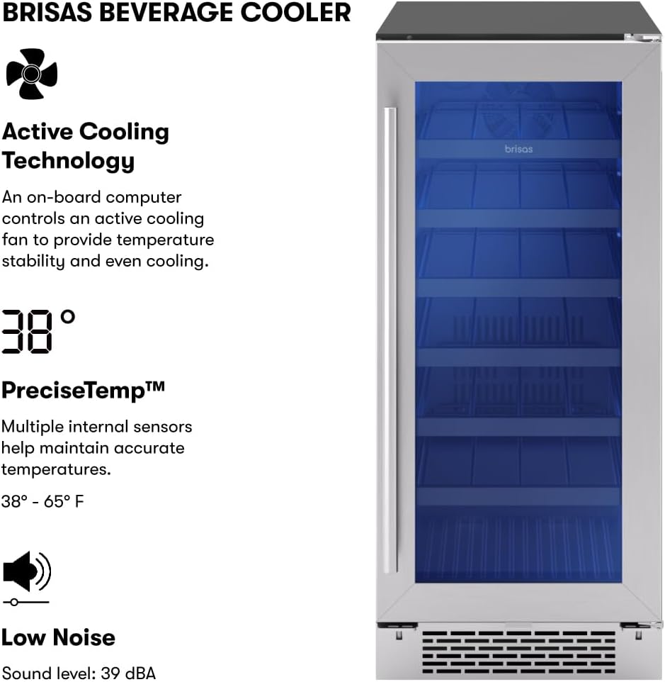Zephyr Brisas 15 Inch Slim Beverage Fridge Single Zone Under Counter - Narrow Mini Wine & Drink