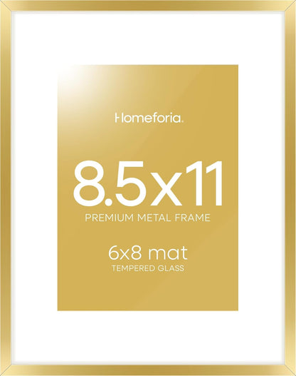 Homeforia 8.5 by 11 Picture Frame Gold, High End Metal 8.5x11 Poster Frames with Mat 6x8 Photo, 8.5