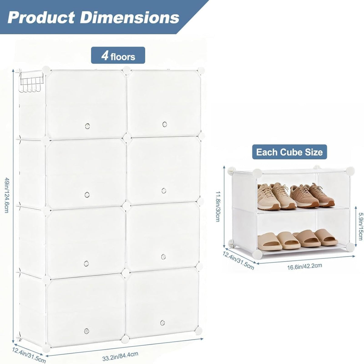 DUMOS 8-Tier Shoe Storage Cabinet with Door, Stackable, 32 Pairs, White