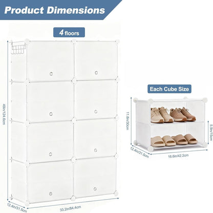 DUMOS 8-Tier Shoe Storage Cabinet with Door, Stackable, 32 Pairs, White