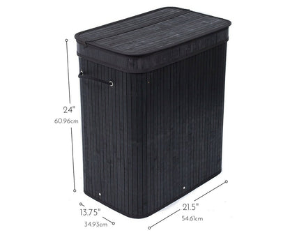 BIRDROCK HOME Double Laundry Hamper with Lid and Cloth Liner - Bamboo - Black - Easily Transport