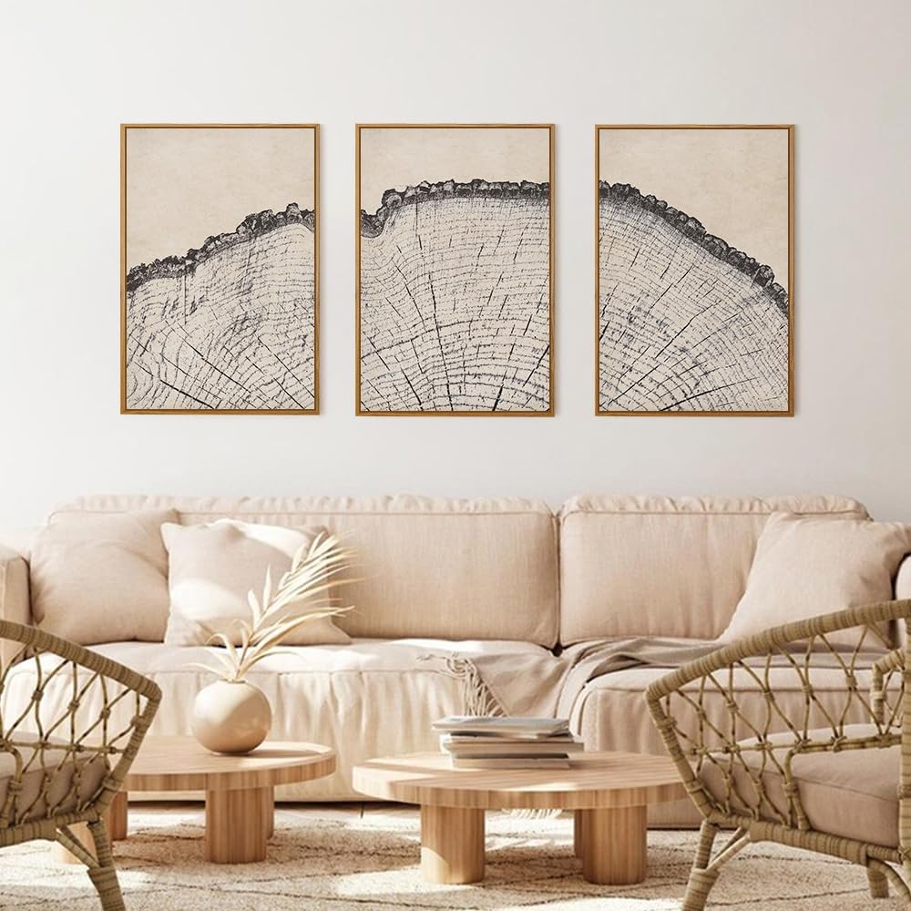 HPINUB Vintage Wood Tree Rings Wall Art Set, Framed Canvas Paintings, Black and White