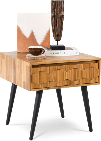 Bme Georgina Solid Wood Nightstands with Drawers - Fully Assembled Rustic Geometric Pattern Bedside
