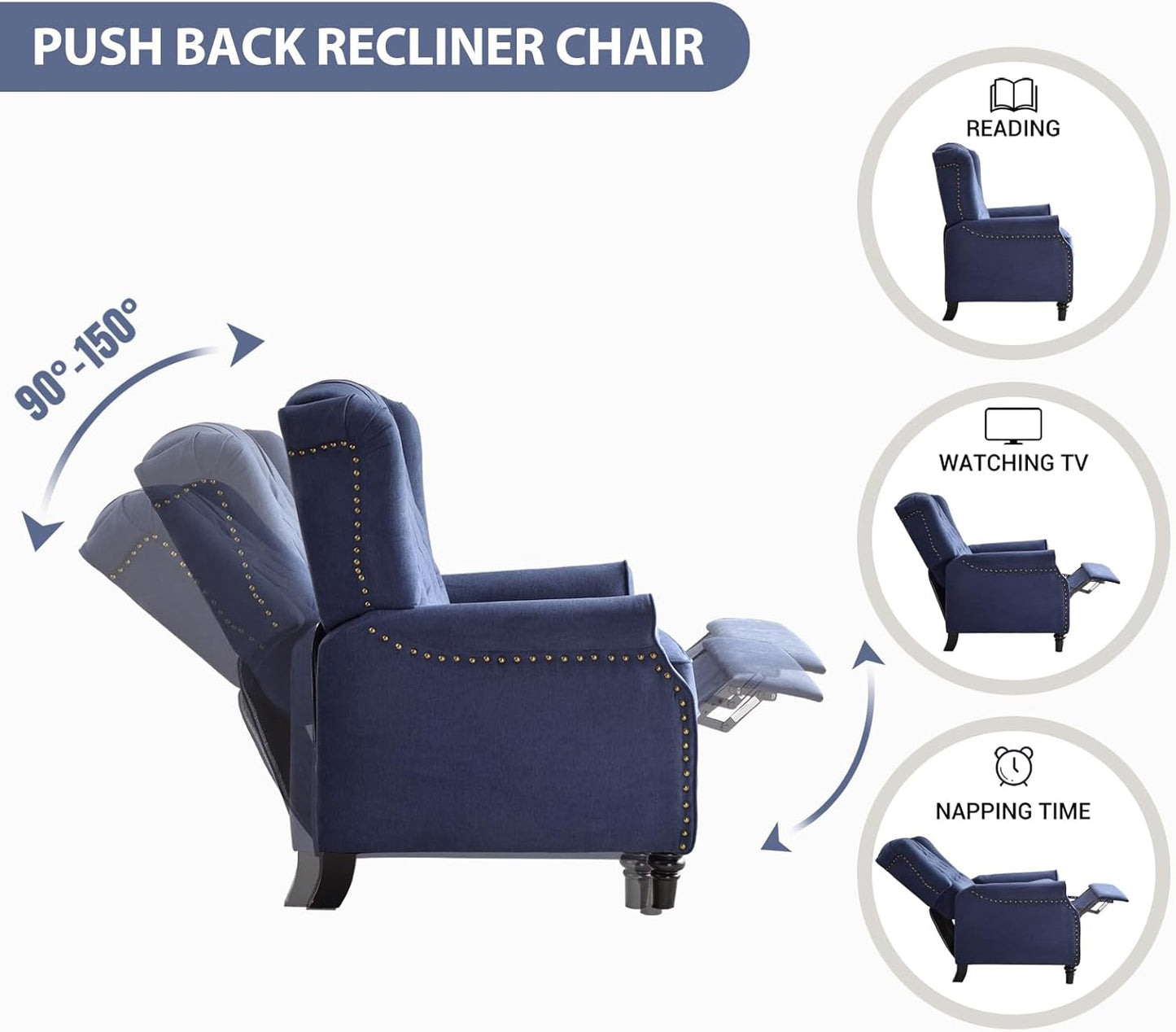 EBELLO 2 Pcs Pushback Recliner Chairs, Fabric Armchair Push Back Recliner with Rivet Decoration